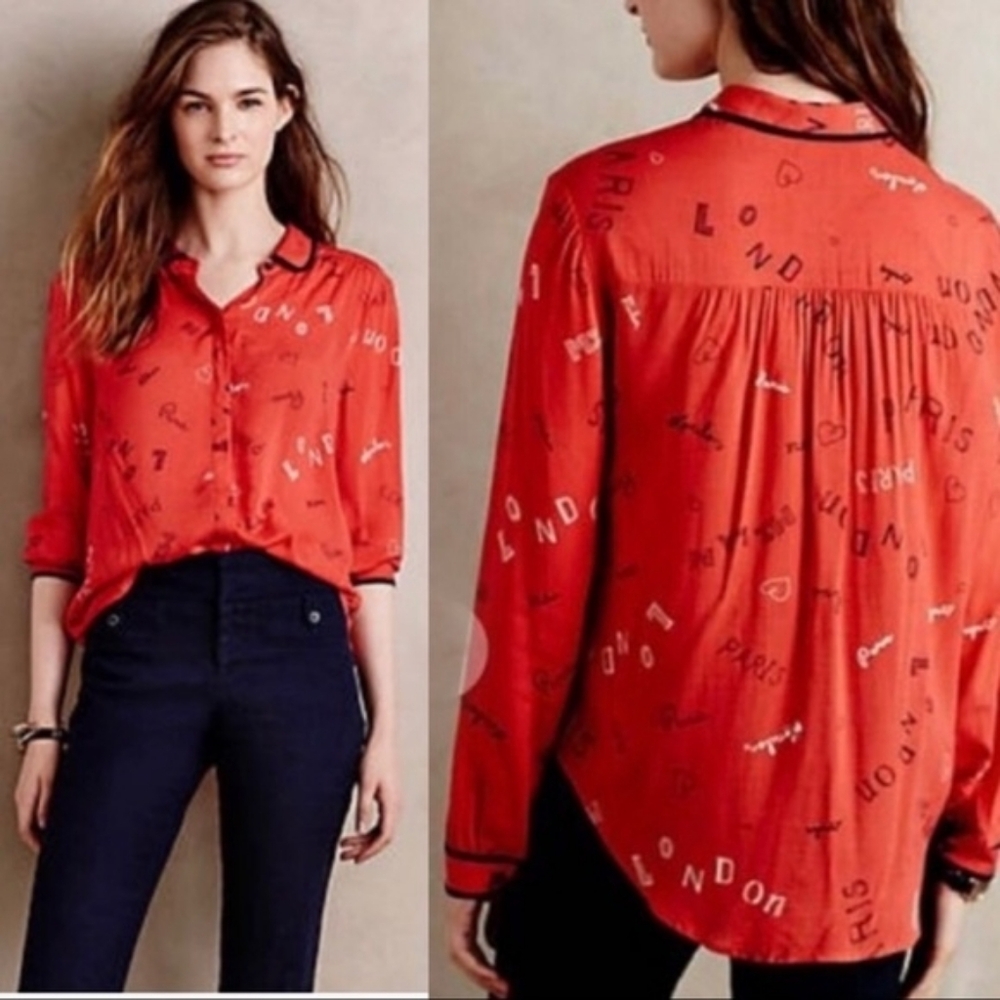 Maeve Red Printed Button-Down Shirt with Script Motif